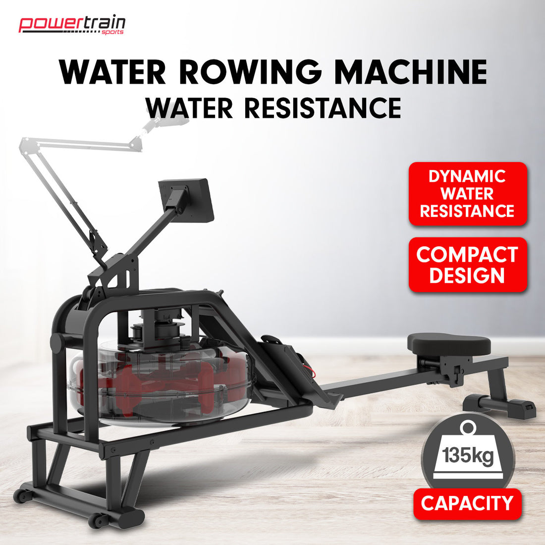 Powertrain Water Rowing Machine 6-Level Realistic Rowing Steel Frame