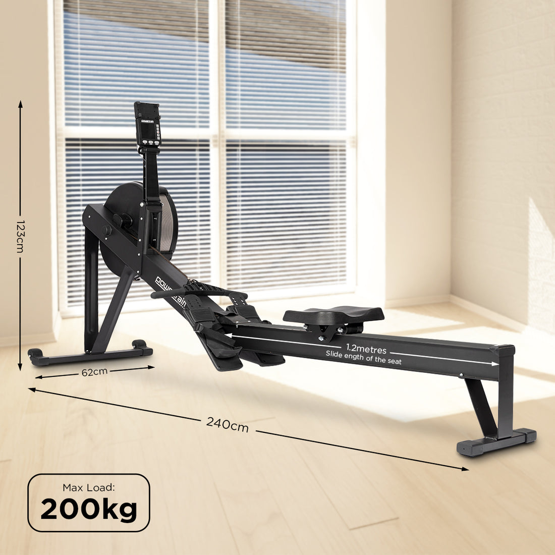 Powertrain Air Rowing Machine 10-Level Bluetooth Aluminium Rail