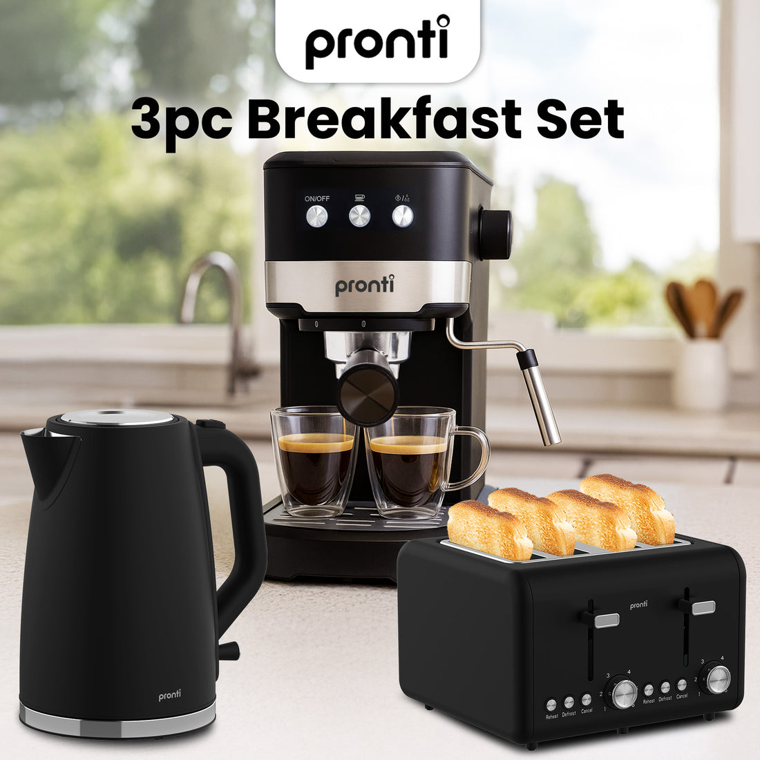 Pronti Breakfast Appliance Set 20 Bar Espresso Coffee Machine Silver Noir