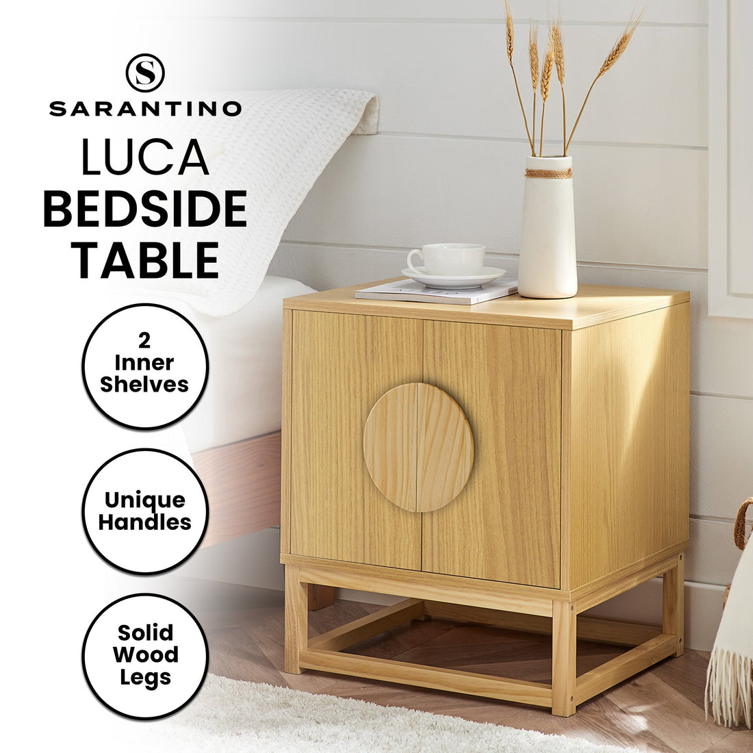 Sarantino Bedside Table Split Door Natural