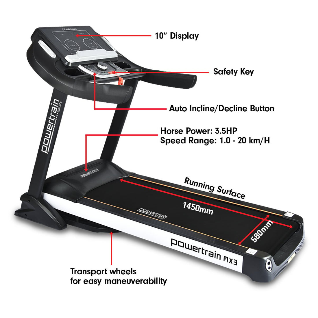 Powertrain MX3 Treadmill 3.5HP Motor 20km/h 15-Level Incline Black
