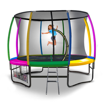 Kahuna 10ft Outdoor Kids Trampoline with Safety Net Pad Mat and Ladder Rainbow