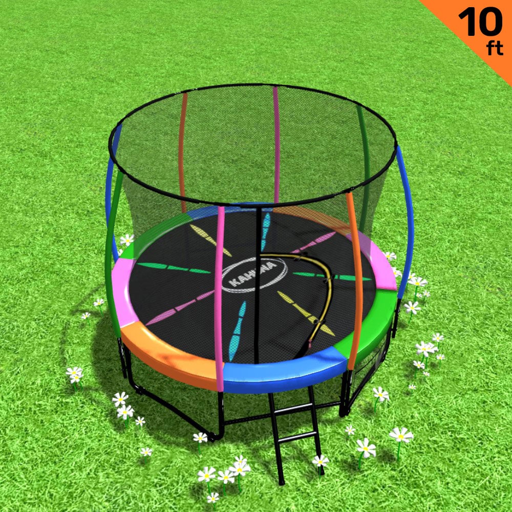 Kahuna 10ft Outdoor Kids Trampoline with Safety Net Pad Mat and Ladder Rainbow