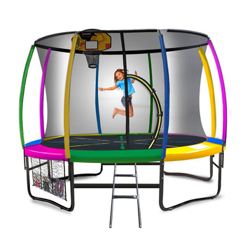 Kahuna 10ft Outdoor Kids Trampoline with Safety Net Pad Mat Ladder and Basketball Set Rainbow
