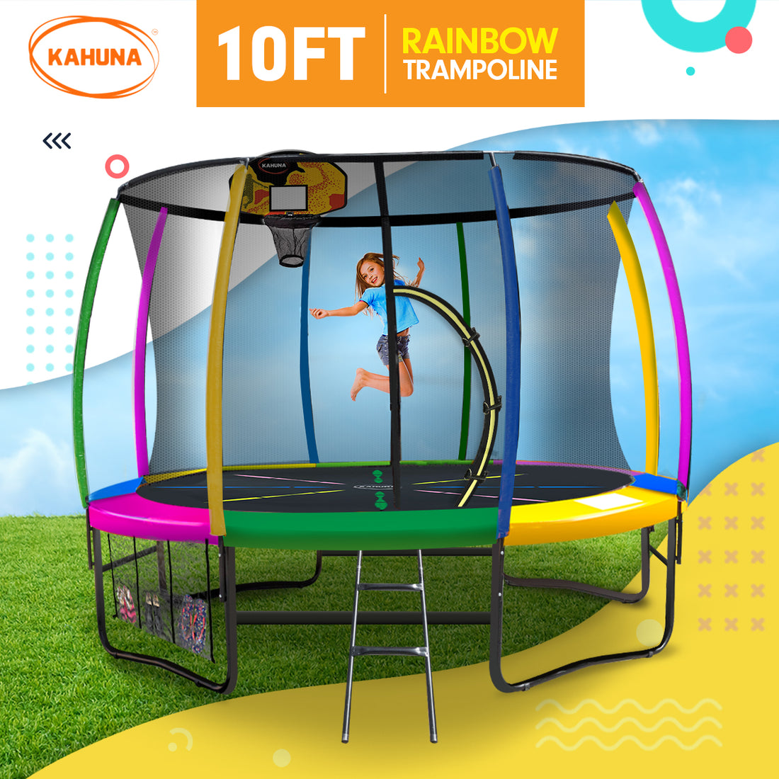 Kahuna 10ft Outdoor Kids Trampoline with Safety Net Pad Mat Ladder and Basketball Set Rainbow
