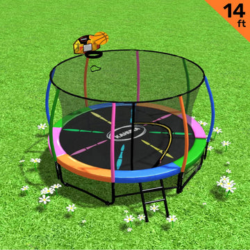 Kahuna 14ft Outdoor Kids Trampoline with Safety Net Pad Mat Ladder and Basketball Hoop Set Rainbow
