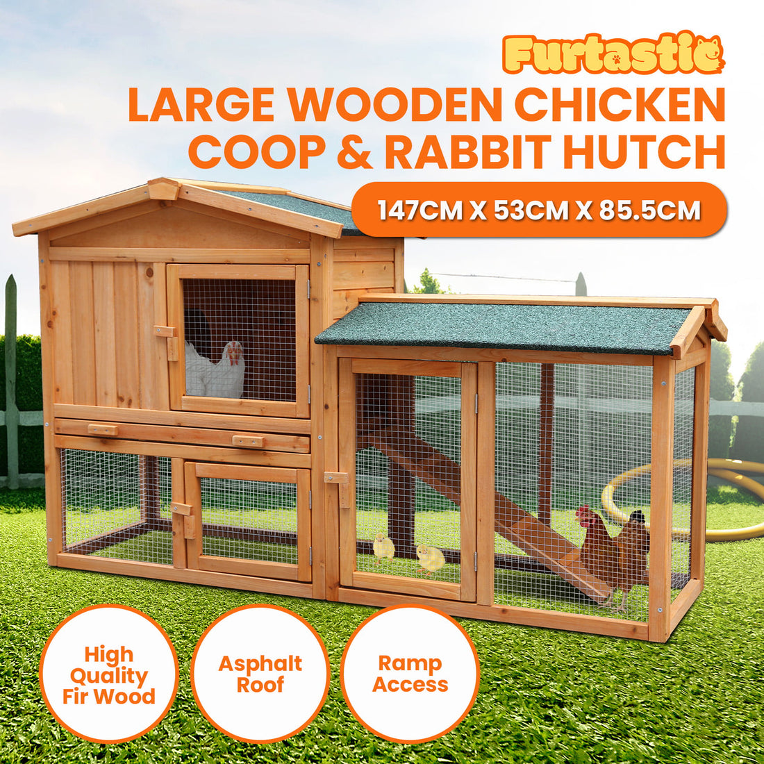 Furtastic Large Chicken Coop Hutch with Ramp FIR Wood 147cm