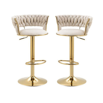 Serenita Woven Velvet Bar Stool Gas Lift Swivel Gold Base Ivory