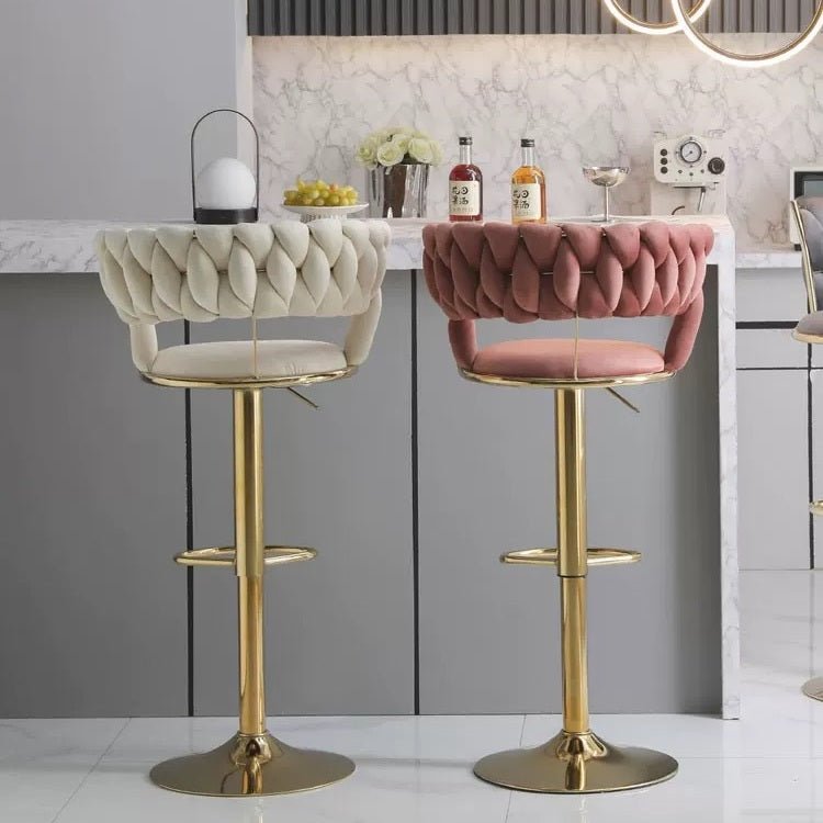 Serenita Woven Velvet Bar Stool Gas Lift Swivel Gold Base Ivory