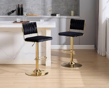 SERENITA Velvet Bar Stools Set of 2 Braided Backrest Black Gold Base