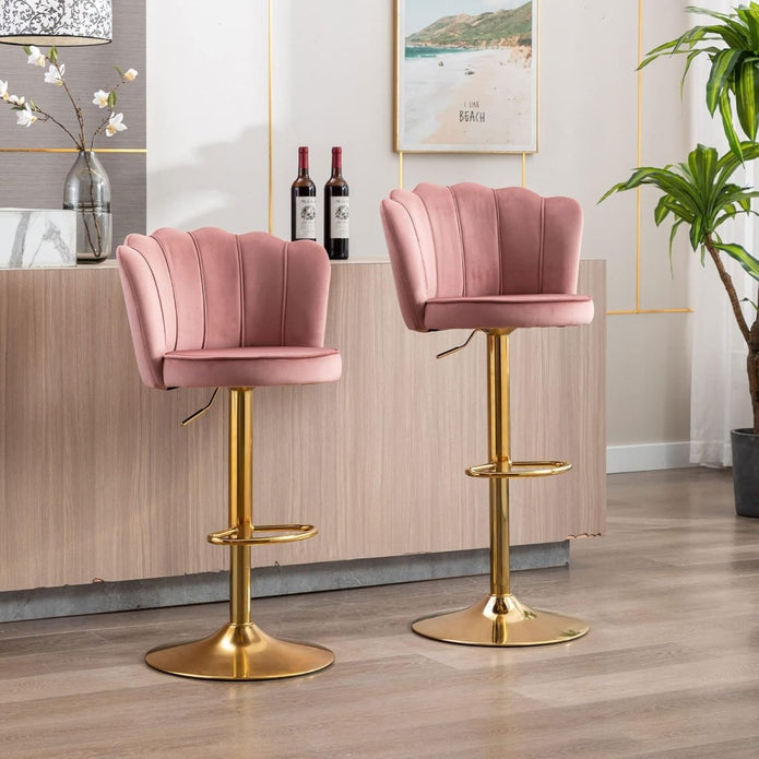 SERENITA Velvet Bar Stools Set of 2 Pink Gold Base