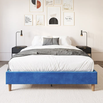 Velvet Blue Upholstered Bed Frame Queen Blue