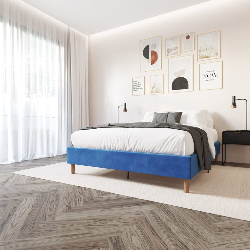 Velvet Blue Bed Frame Upholstered Single Modern Design