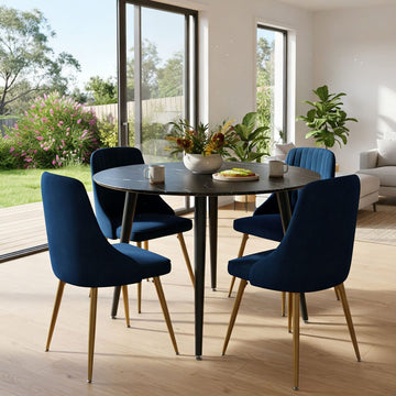 Blue Velvet Bistro Dining Set Round Table 4 Chairs