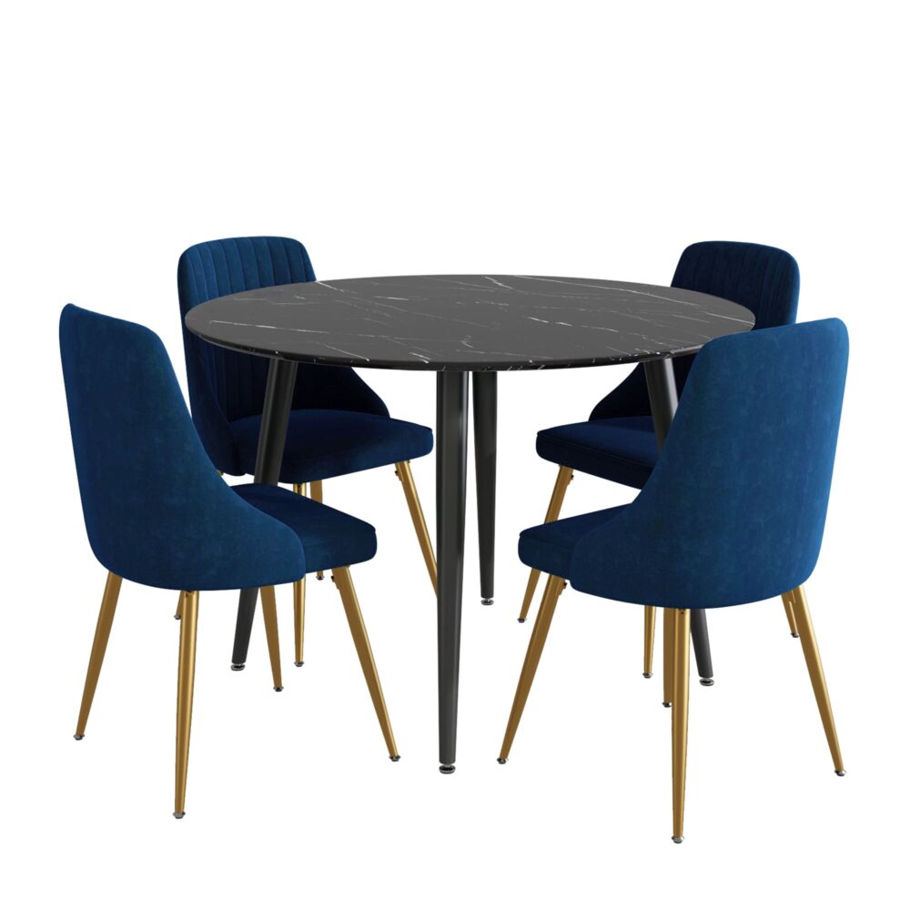 Blue Velvet Bistro Dining Set Round Table 4 Chairs