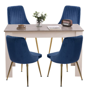Grey Rectangular Dining Table with 4 Blue Velvet Chairs