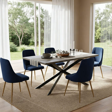 Dining Delight Marble-Effect Dining Set 6 Navy Velvet Chairs