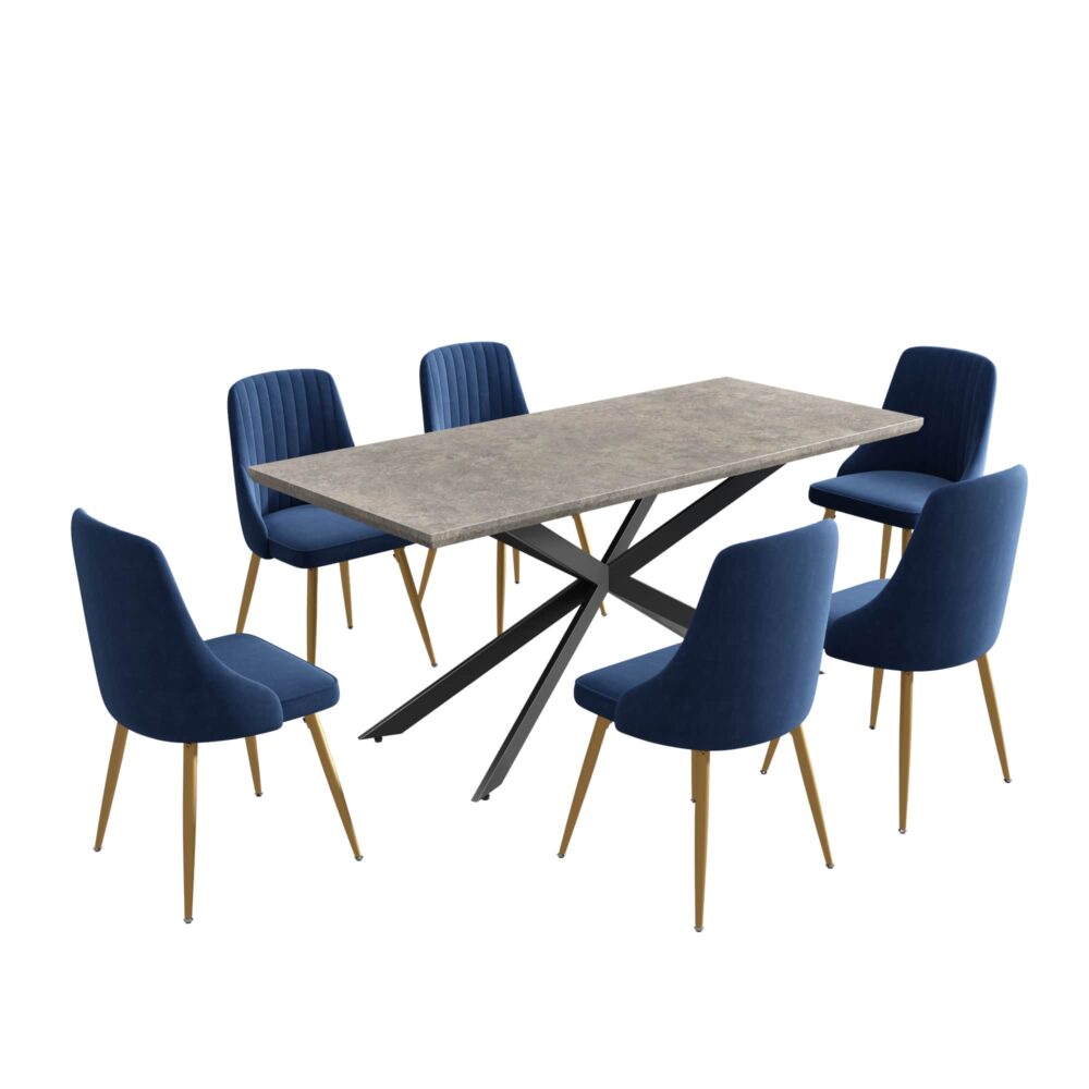 Dining Delight Marble-Effect Dining Set 6 Navy Velvet Chairs