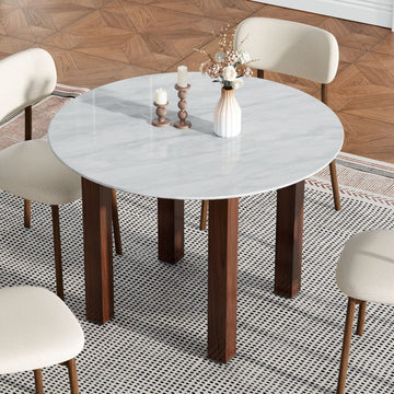 Willowmarble Round Dining Table White Marble Effect Walnut Frame