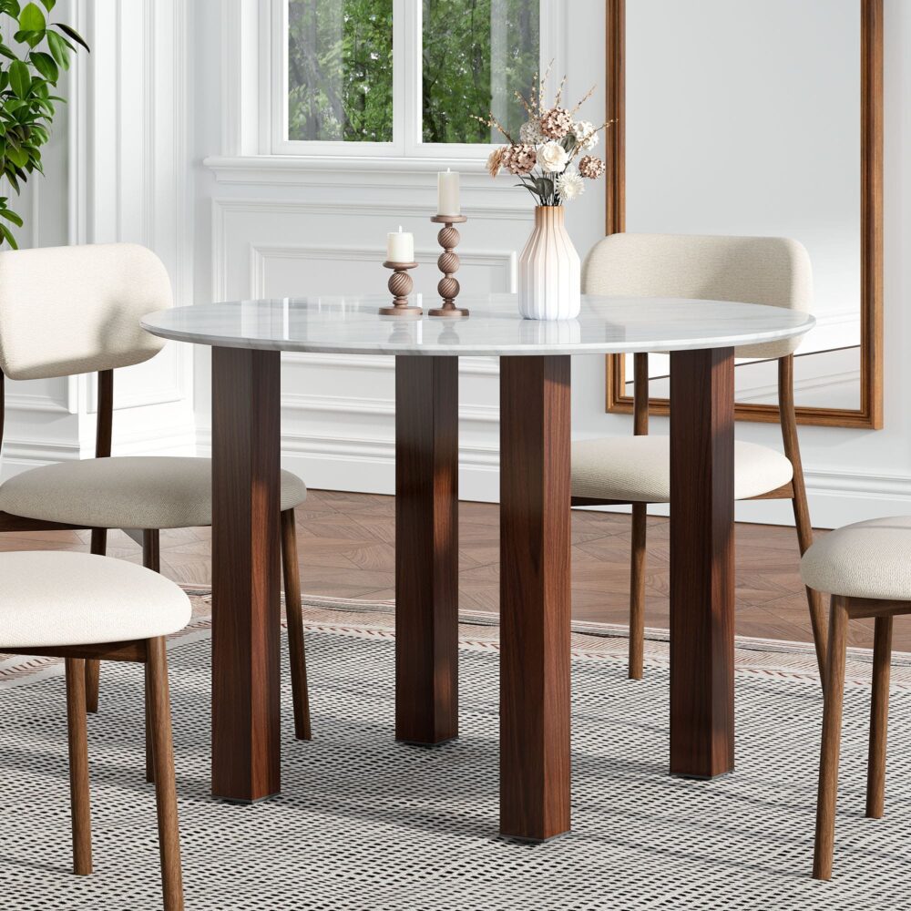 Willowmarble Round Dining Table White Marble Effect Walnut Frame