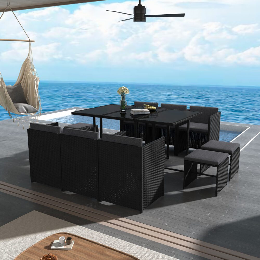 Bali Outdoor Dining Set Seats 10 Contemporary Rattan Black