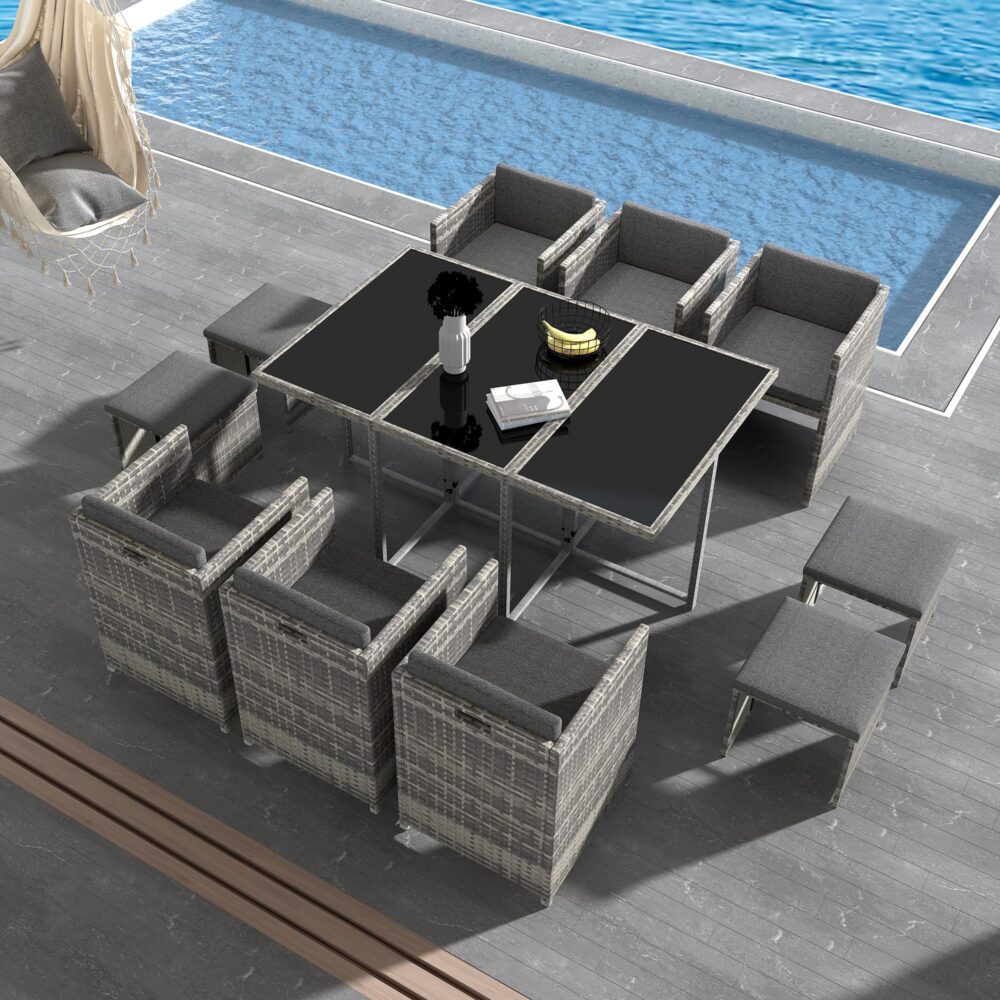 Bali Outdoor Rattan Dining Set 11 Piece Grey
