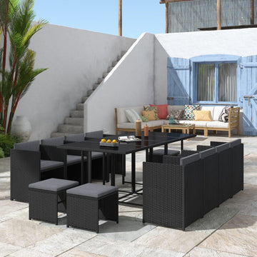 Bali Outdoor Dining Set Seats 10 Contemporary Rattan Black 13 Piece