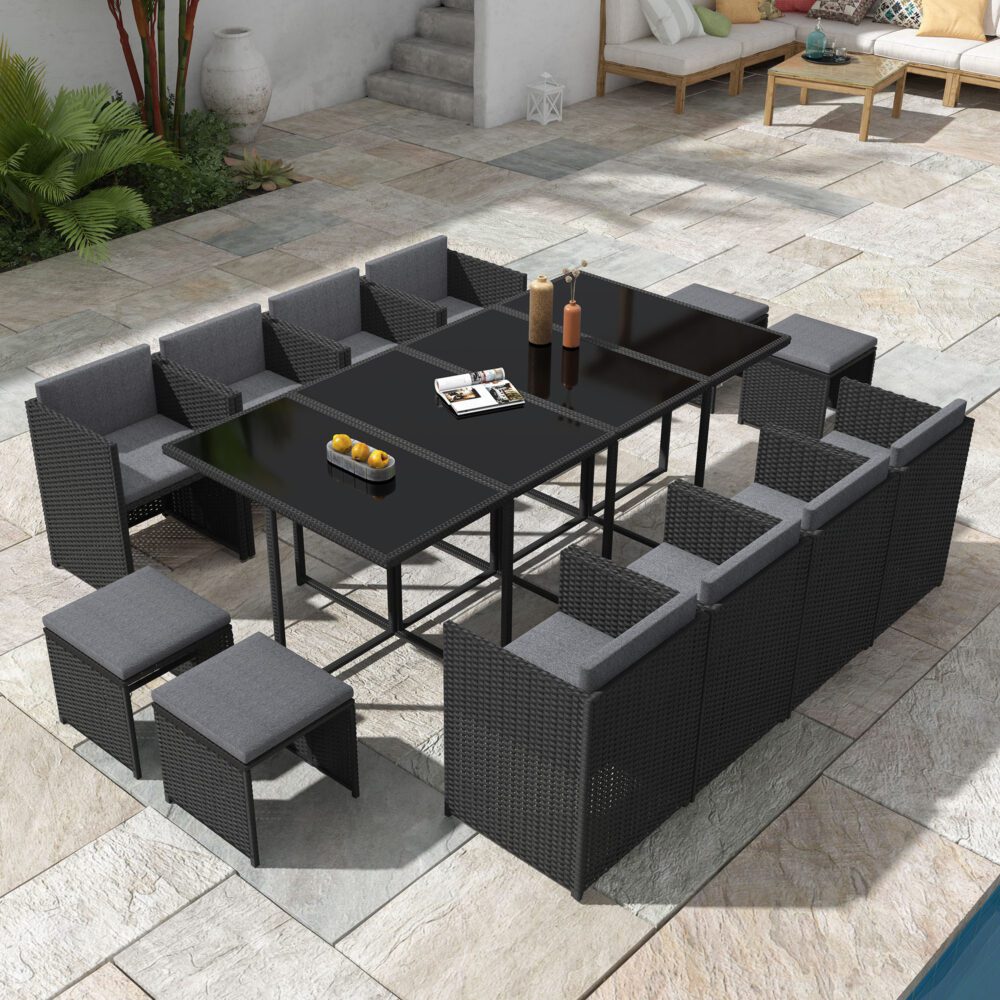 Bali Outdoor Dining Set Seats 10 Contemporary Rattan Black 13 Piece