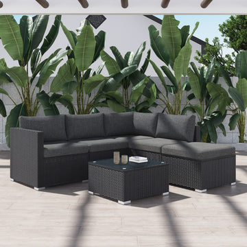 Outdoor Wicker Lounge Sofa Set with Ottoman Black
