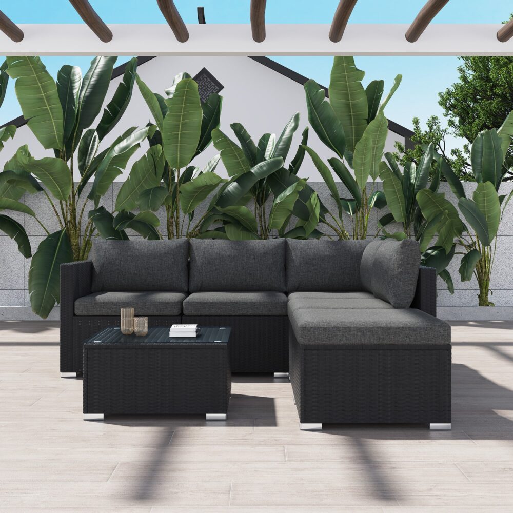 Outdoor Wicker Lounge Sofa Set with Ottoman Black