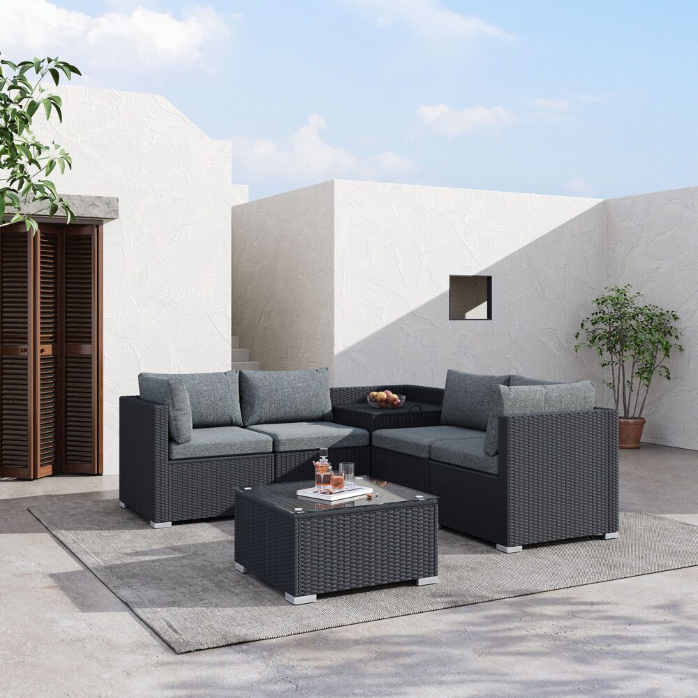 6-Piece Modular Outdoor Lounge Set UV Water Resistant Black