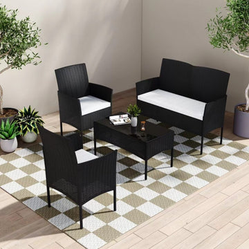 Wicker Outdoor Lounge Sofa Set 4-Seater with Storage and Cushions Black