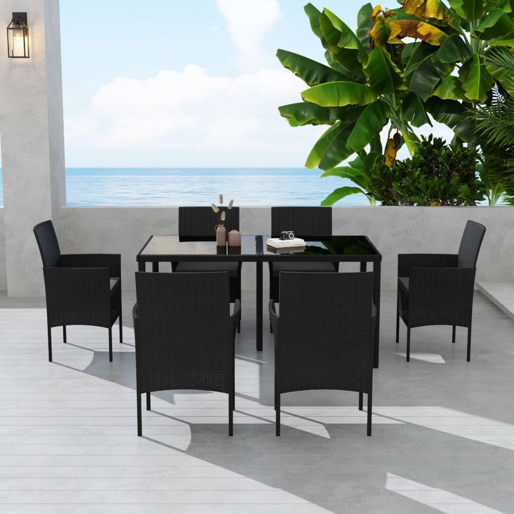 Minimalist 6-Seater Outdoor Wicker Dining Set UV Resistant Black