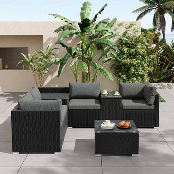 Outdoor Wicker Sofa Set 7 Piece Black with Storage