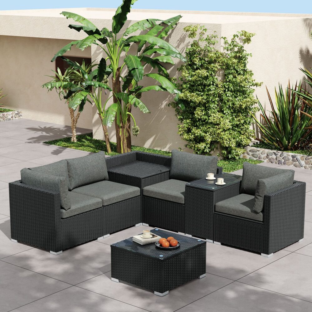 Outdoor Wicker Sofa Set 7 Piece Black with Storage