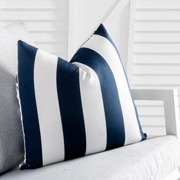 Dual-Sided Square Outdoor Throw Pillow Navy White Stripe Floral