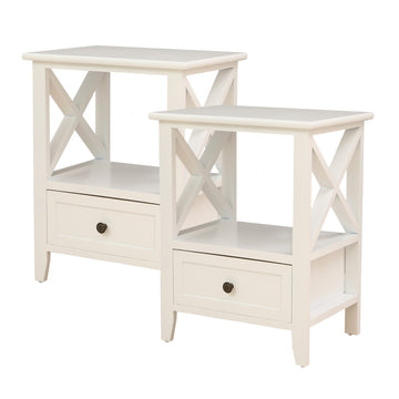 Rustic White 2-Tier Bedside Table Solid Wood Set of 2