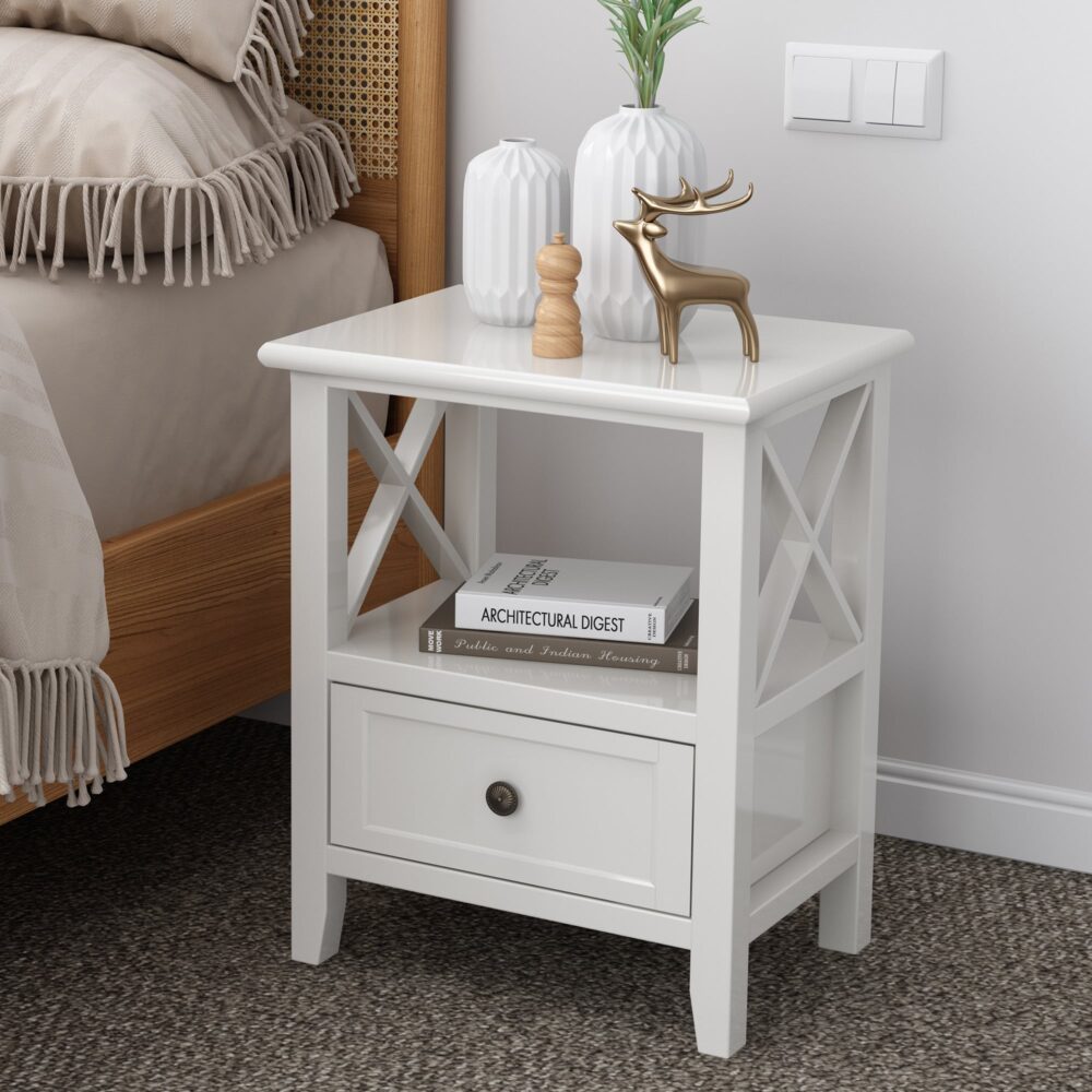 Rustic White 2-Tier Bedside Table Solid Wood Set of 2