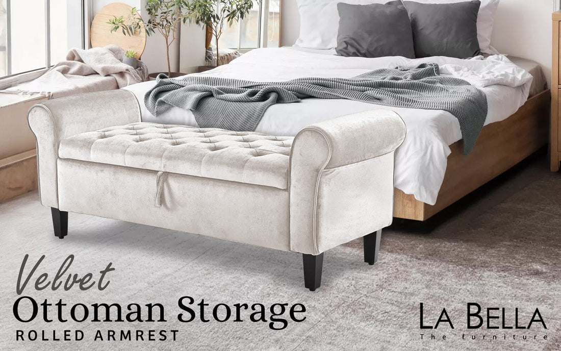 La Bella Velvet Storage Ottoman Bench Beige 132cm