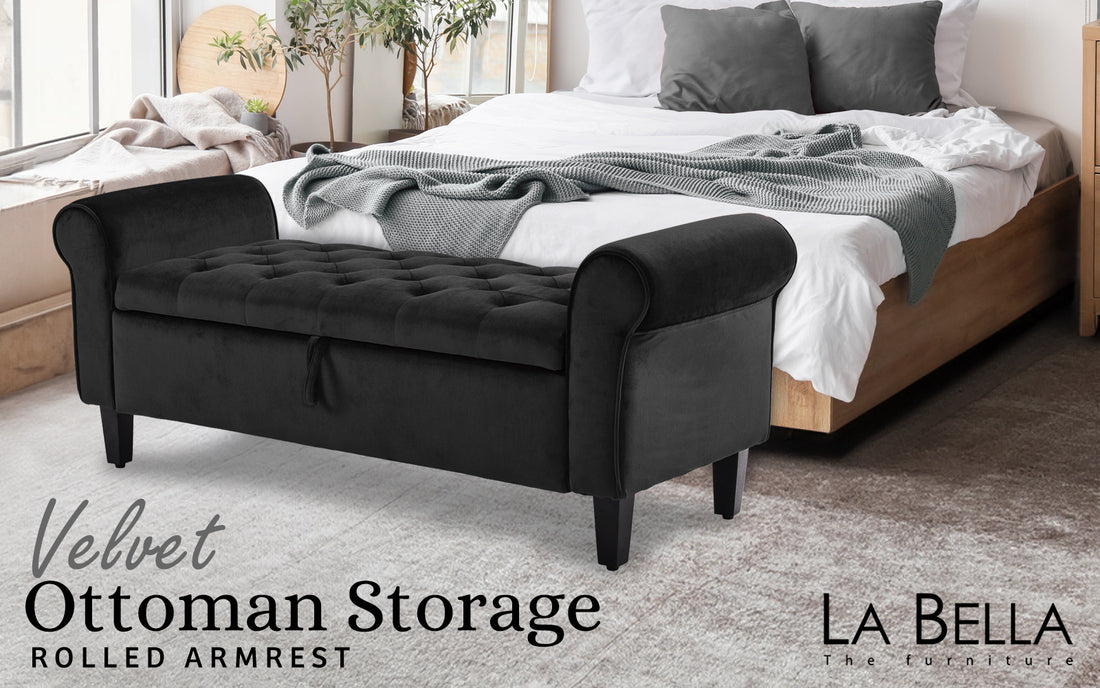 La Bella Velvet Ottoman Arm Bench - Black