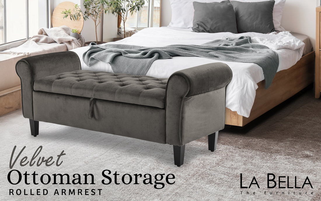 La Bella Velvet Ottoman Storage Bench with Rolled Armrest Grey