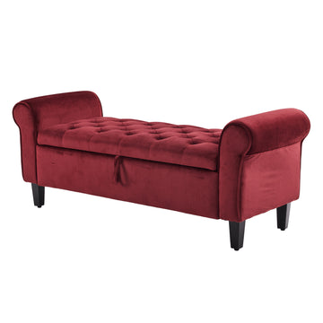 La Bella Velvet Ottoman Storage Bench with Rolled Armrest Red