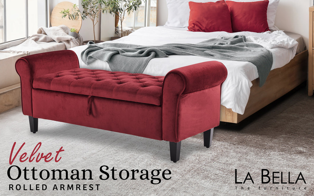 La Bella Velvet Ottoman Storage Bench with Rolled Armrest Red