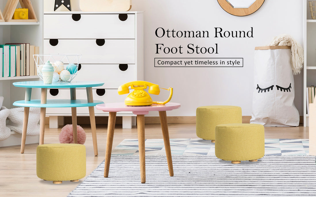 La Bella Round Fabric Ottoman Footstool with Wooden Legs 30cm
