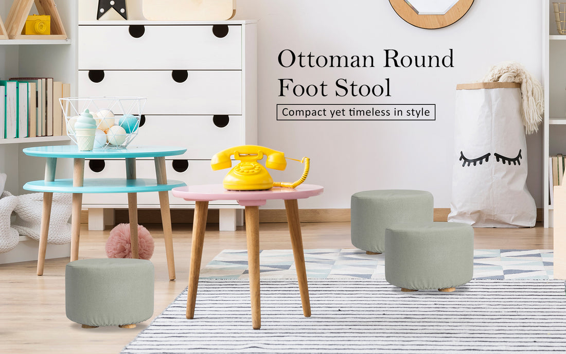La Bella Round Ottoman Stool with Faux Linen Fabric Grey