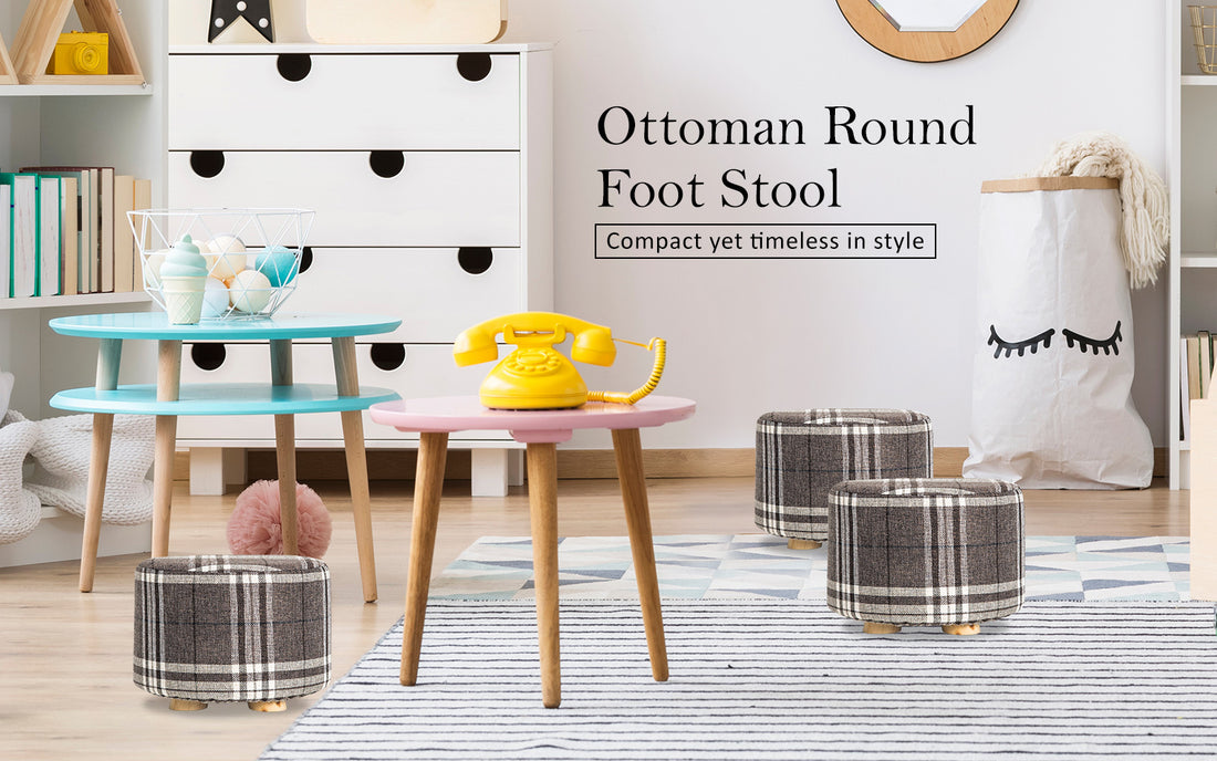 La Bella Round Ottoman Stool with Faux Linen Fabric Lattice