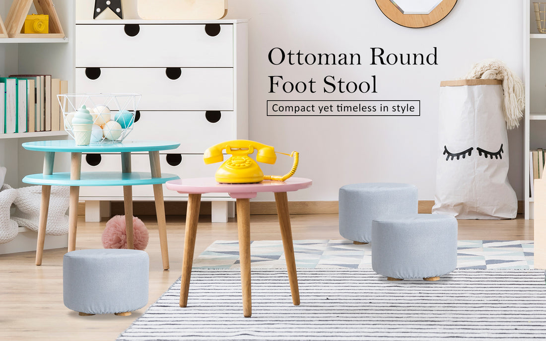 La Bella Round Ottoman Stool with Faux Linen Fabric Light Blue