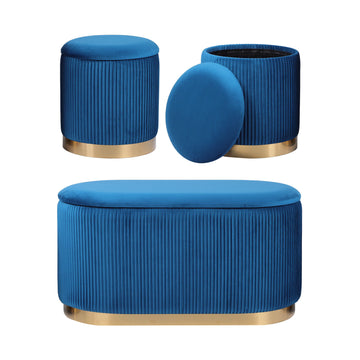 La Bella Velvet Ottoman Set 3 Piece Blue