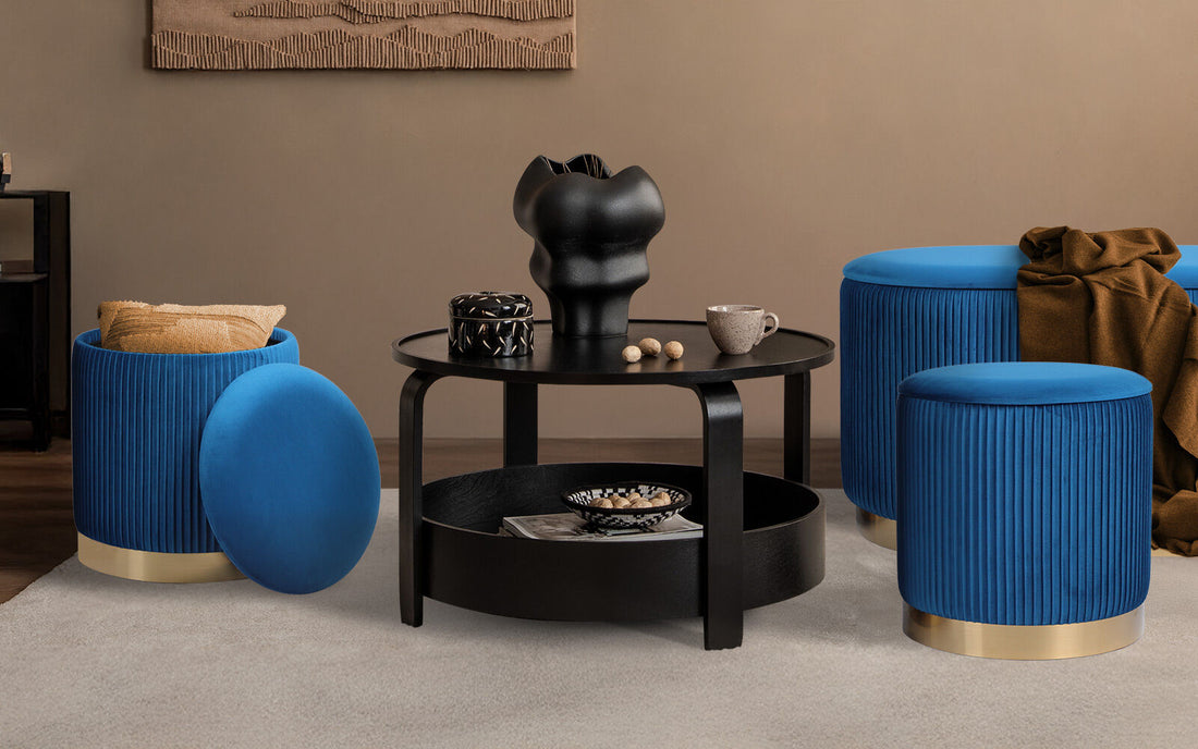 La Bella Velvet Ottoman Set 3 Piece Blue