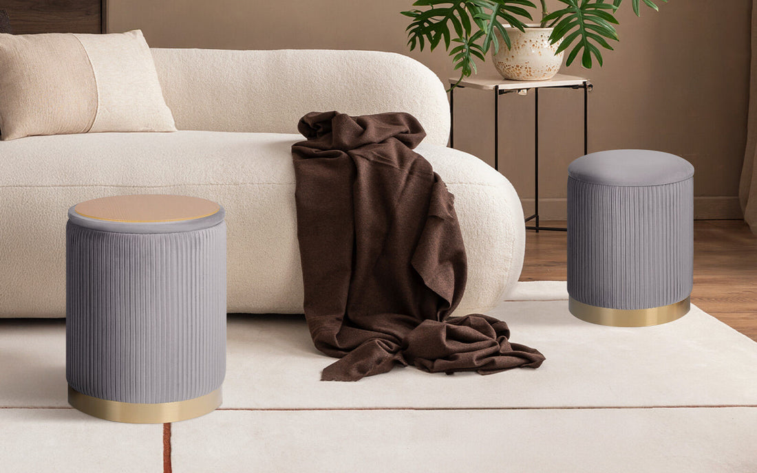 La Bella Grey Velvet Flip-Top Ottoman Side Table Set of 2
